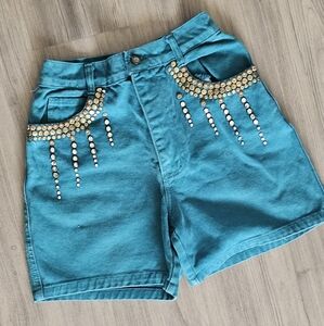 Vintage Unique Rhinestone Boho High Waisted Teal Denim Shorts